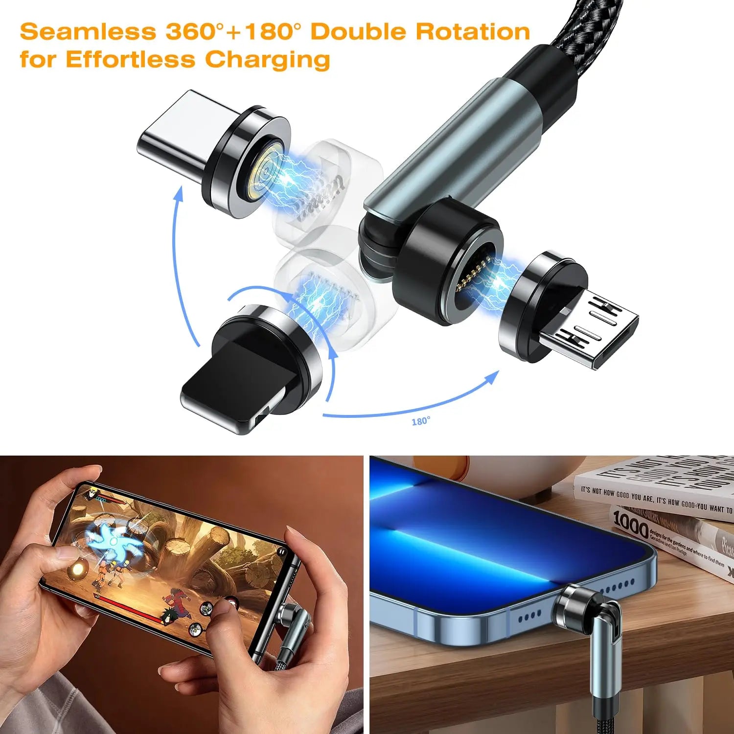 Fast Charging Rotating Magnetic Charging Cable, 7-Pin 3-In-1 Magnetic Phone Data Transfer Cable, Universal Phone Accessories Smartphone Electronic Cellphone Charger